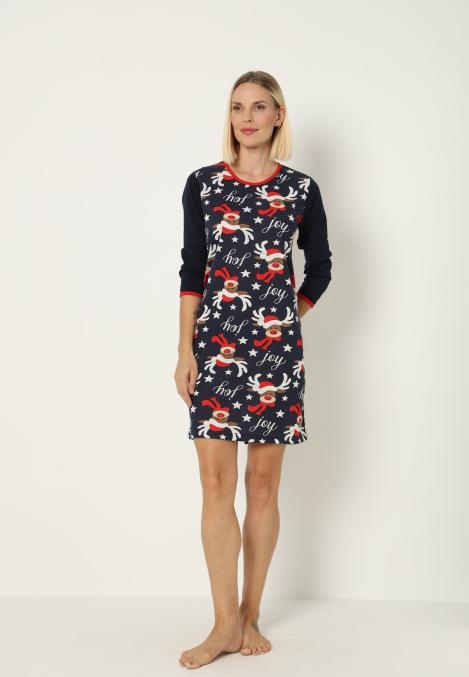 Camasa de noapte Craciun,imprimeu reni,culoare bleumarin ,En-gros